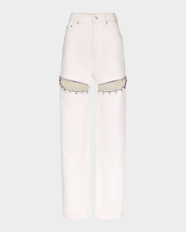 Crystal Slit Straight-Leg Jeans